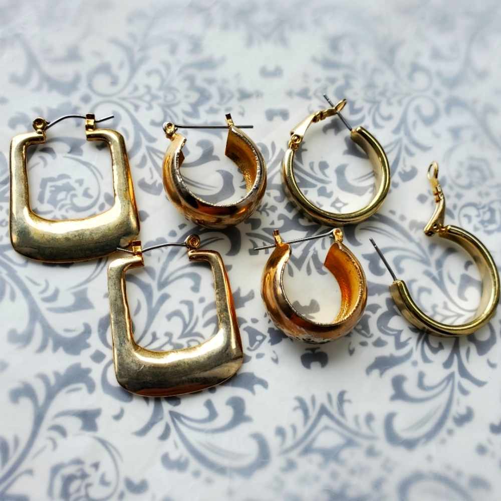 Vintage Metal Earrings.  X3 pairs. Square. Round. Hoops. Gold Tone. GUC.